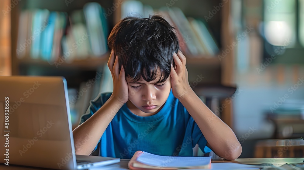 Young boy studying with concentration at home in front of a laptop ...