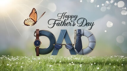 A 3D Fathers Day illustration for greeting card, designed with a nice butterfly with colorful wings flutters above the text