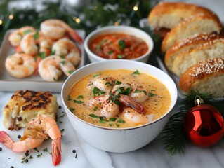 A plate of shrimp and a bowl of soup are on a table