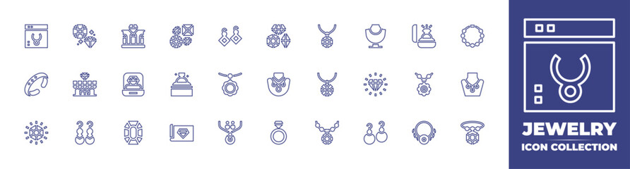 Wall Mural - Jewelry line icon collection. Editable stroke. Vector illustration. Containing ring, saphire, diamond, bracelet, jewelry store, jewelry, necklace, rhinestone, earrings, blueprint.