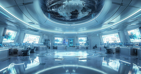 Poster - Futuristic Earth monitoring station, high-tech control panels, panoramic windows, blue ambient lighting, busy operators, urgent atmosphere. Generative AI.