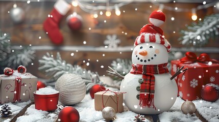 Aufkleber - Christmas Backdrop, Christmas snowman with presents on wooden background with white snowflakes, Christmas decorations and red bell. Generative AI.