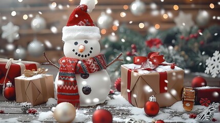 Aufkleber - Christmas Backdrop, Christmas snowman with presents on wooden background with white snowflakes, Christmas decorations and red bell. Generative AI.