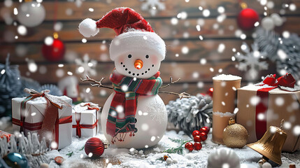 Aufkleber - Christmas Backdrop, Christmas snowman with presents on wooden background with white snowflakes, Christmas decorations and red bell. Generative AI.