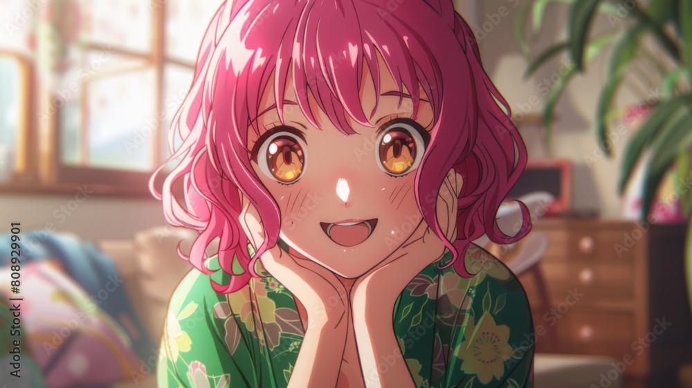 Radiant Pink-Haired Anime Girl Smiling Joyfully, Resting Chin on Hands