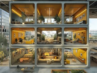 Poster - A building with many rooms and a yellow color. The rooms are open and have a lot of furniture