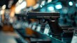 Close-up of a handgun on display in a store with bokeh background. Gun shop with firearms in a showcase. A handgun exhibited for sale or security. AI