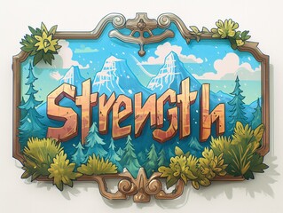 A sign that says Strength. It is a blue and green sign with mountains in the background. The mountains are very large and the sign is very small