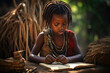 Young African tribe child learning to write in village
