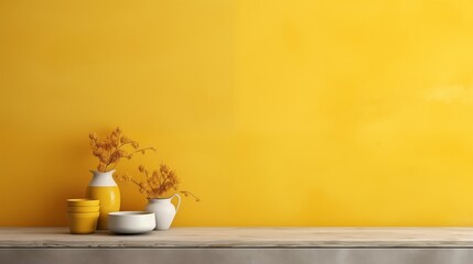 Wall Mural - Textured mustard yellow wall copy space. Monochrome empty wall in kitchen with minimalist table.