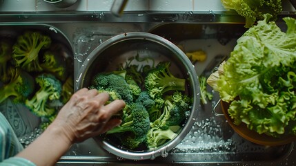 Poster - Fresh vegetables being washed in sink, hands cleaning broccoli. Home kitchen preparation, healthy food lifestyle choices. Daily nutrition routine. AI