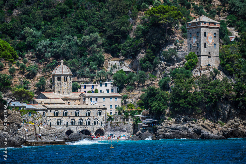 Magic of Liguria. Timeless images. Ancient abbey of San Fruttuoso, bay ...
