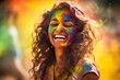 Joyful woman with face smeared in Holi festival colors