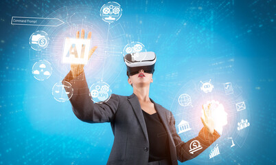 project manager using visual reality goggle while holding ai generative. professional business woman