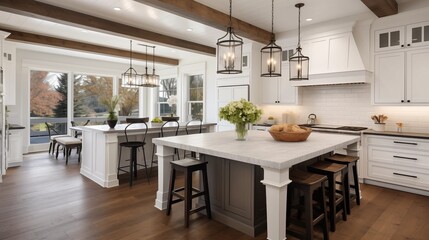 Wall Mural - Traditional kitchen in beautiful new luxury home with hardwood floors, wood beams, and large island quartz counters. Includes farmhouse sink, elegant pendant lights.