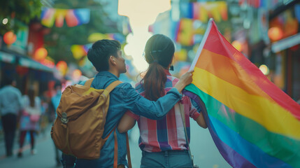 Closeup young adult queer transgender lover asia two people hold hand with colorful stripes flag. Proud of LGBT or LGBTQIA partner culture hug love sign in bisexual festival march day at city street. 