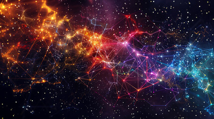 A digital galaxy with stars connected by multicolored plexus strands in a dark space.