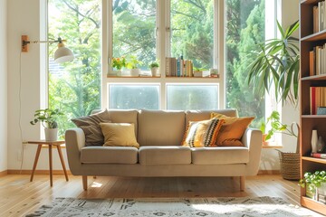 Wall Mural - Modern Living Room with Sofa, pillow, Book Shelf and window behind. calm and cozy for reading book. interior design idea