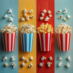 Canvas Print - popcorn in striped paper buckets on a colorful background