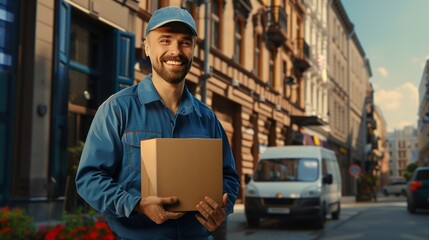 Wall Mural - Delivery man, courier with cardboard box and uniform smiling in the background of the van and the street, fast parcel delivery post office