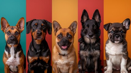 a group of dogs sitting in front of a colorful wall