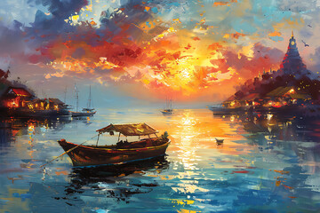 oil painting on canvas, Togian Islands Indonesia sunset over caribbean sea, dramatic sky, traditional boat floating in the Togean Islands, Sulawesi, travel destination in Indonesia