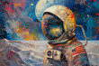 Colorful astronaut helmet painting with moon and space backdrop