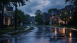 Peaceful suburban neighborhood under evening rain