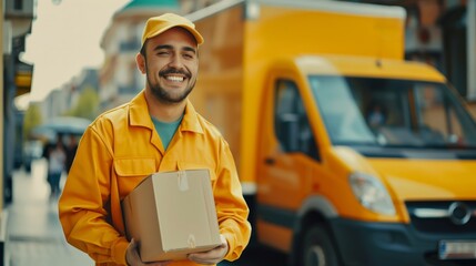 Wall Mural - Delivery man, courier with cardboard box and uniform smiling in the background of the van and the street, fast parcel delivery post office