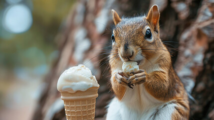 Squirrel Eating Vanilla Ice Cream Cone in Forest with Soft Focus Blurry Background