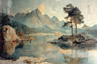 Stunning landscape of mountains and lake on textured mosaic