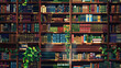 Vast library shelves filled with books in a pixel art style
