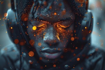 Poster - The intricate dance of water droplets and lights creates a captivating texture on a dark, mysterious fabric