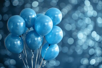 Poster - Shiny blue balloons bunched together, complemented by blurred bokeh light background