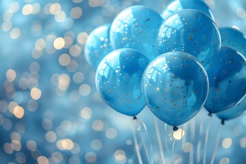 Poster - A bunch of blue balloons with golden sparkles against a bokeh light background, giving a festive or celebratory feel