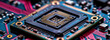 The digital heartbeat. A close up of a CPU chip on a computer, revealing intricate circuits and components that power the machine