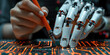 Pencil power: a creative connection with artificial intelligence. A person holds a pencil in front of a robot hand, symbolizing the fusion of human creativity and technological advancement