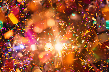 Wall Mural - close-up of colorful confetti and streamers in a disco in dim but warm and colorful light