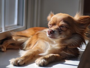 Wall Mural - A small brown dog is laying on a window sill. The dog is sleeping and has its eyes closed