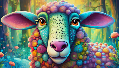 oil painting style cartoon character Close up of cartoon character sheep with multicolored pattern on it's face, animal,