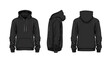 black hoodie template showing the front, back and side views for design use on a white background