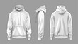 white hoodie template showing the front, back and side views for design use on a white background