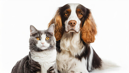 Portrait of a dog Spaniel and cat Scottish Straight isolated white background.