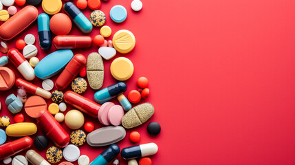 A bunch of pills are scattered on a red background