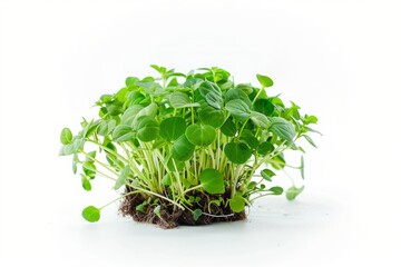 Cluster of young microgreens on a white background. High-key studio photography. Nutritional superfoods and sustainable gardening concept. Generative AI