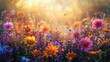 Sunrise Over a Lush Garden with Blooming Flowers and Buzzing Bees
