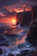 Sunset at Rugged Coastline with Lighthouse and Crashing Waves