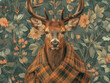 Surreal portrait of a deer with antlers adorned with flowers set against a rich floral tapestry