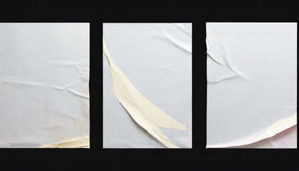 Wall Mural - white crumpled and creased glued paper poster set isolated on black background