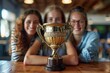 © Larisa AI - A group of three young women posing with a trophy on a cafe table, showcasing teamwork and success